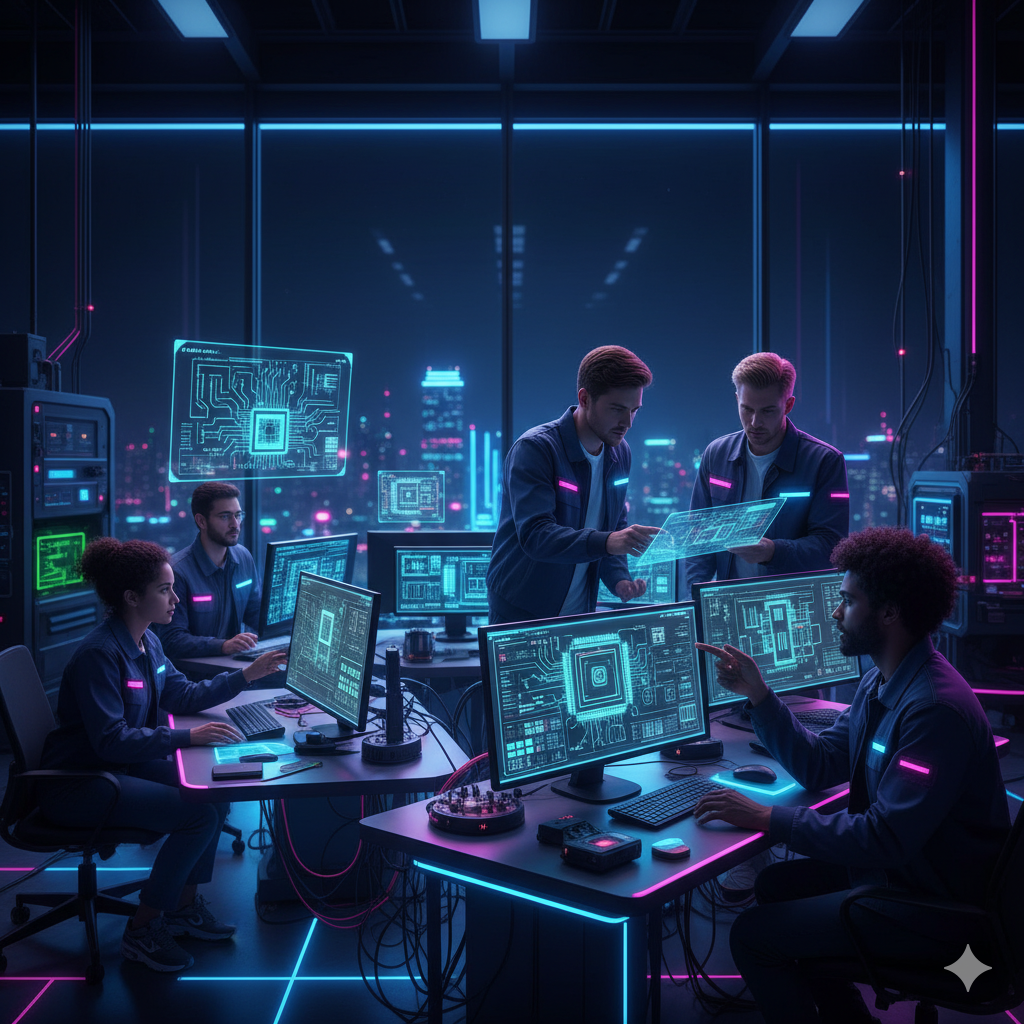 Engineers using neon dashboards to build VLSI layouts