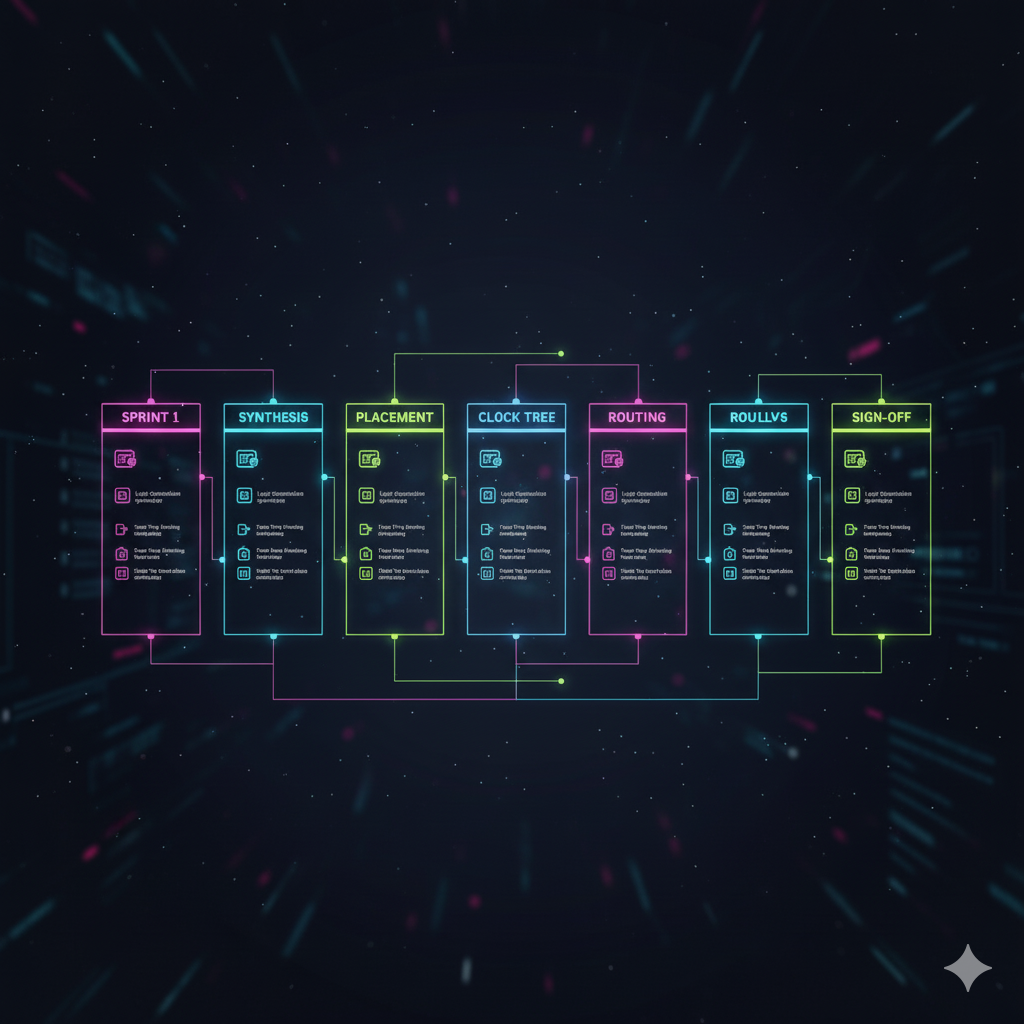 Timeline showing six sprints of the VLSI physical design roadmap
