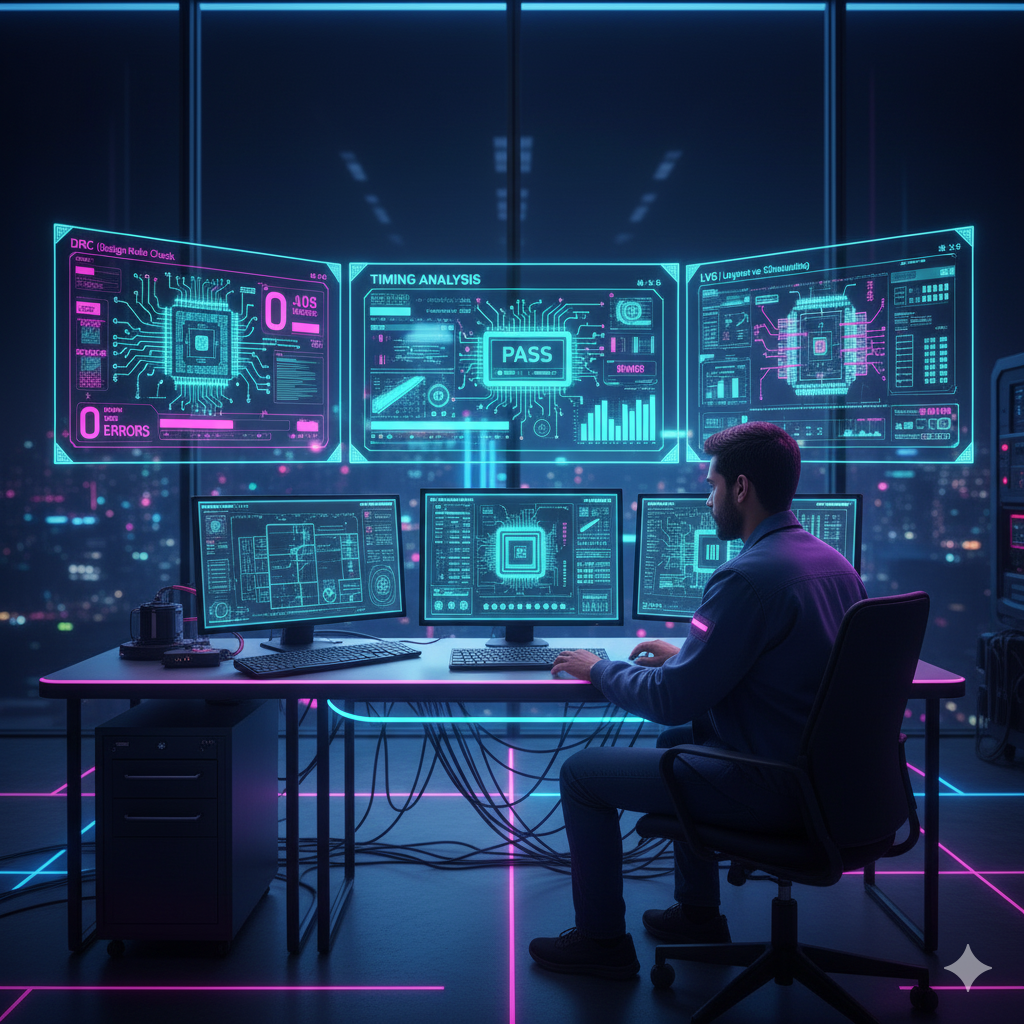 Designer reviewing signoff dashboards on neon monitors