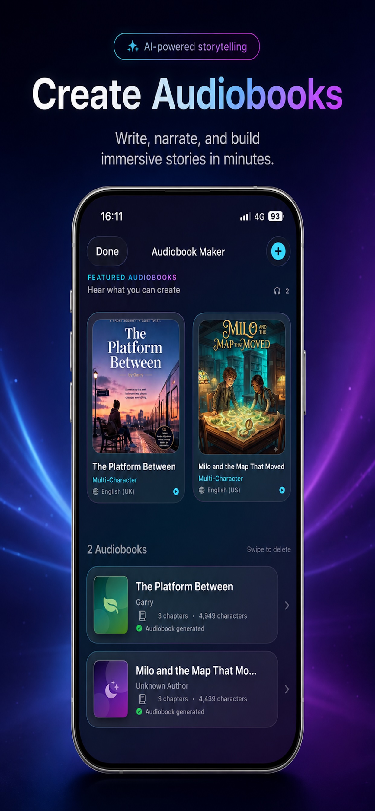 AI Audiobook Maker app showing featured audiobooks with multi-character narration