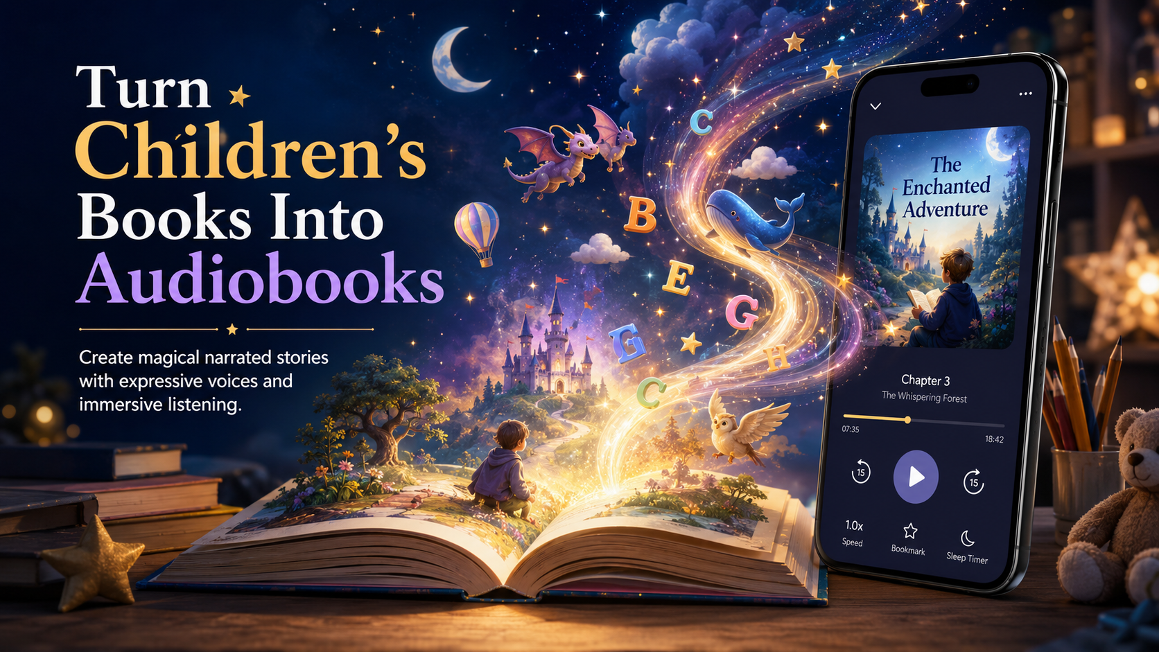 Turn children's books into audiobooks - magical storytelling app with enchanted adventure playing on iPhone