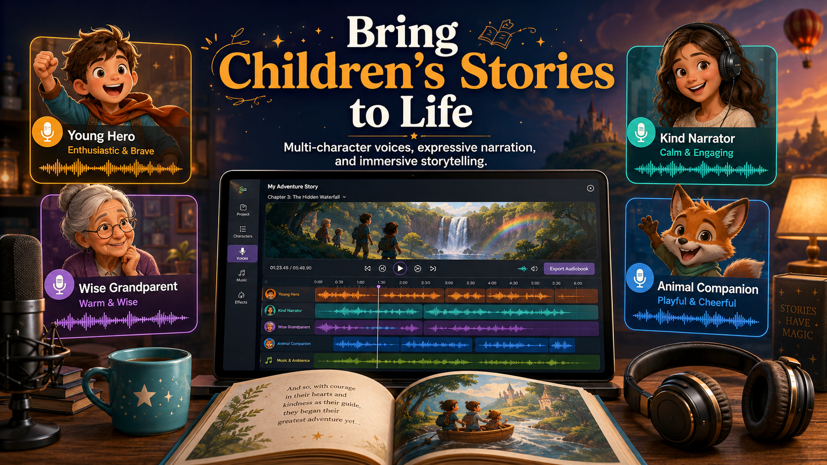 Multi-character children's audiobook creation with young hero, kind narrator, wise grandparent, and animal companion character voices