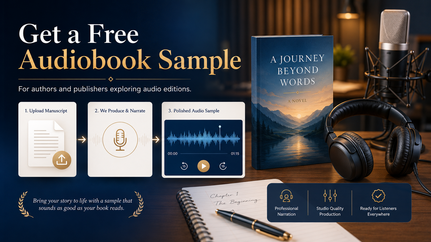Free audiobook sample workflow showing upload manuscript, AI narration, and polished audio output