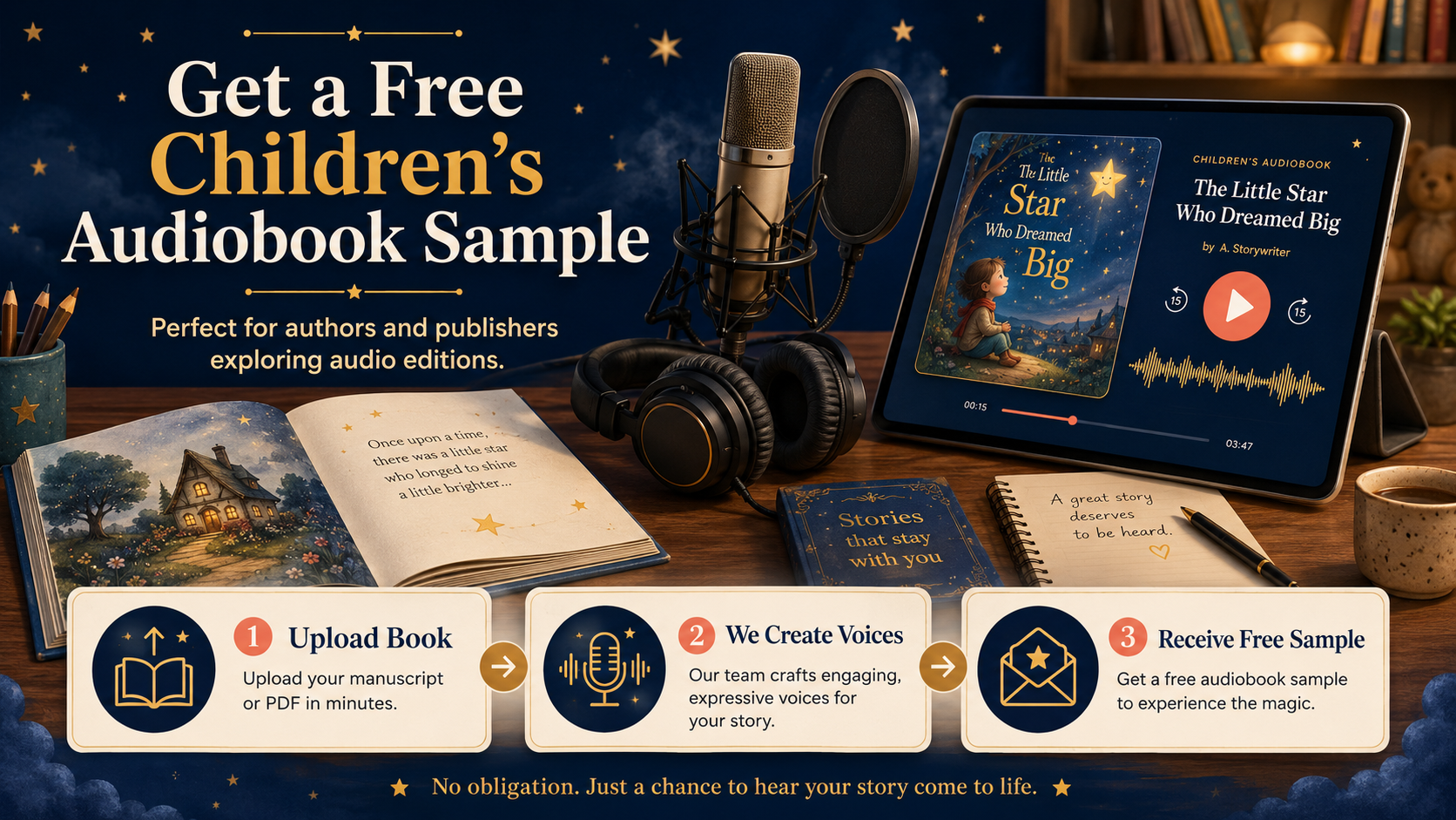 Free children's audiobook sample showing the workflow: upload book, create voices, receive polished audio sample