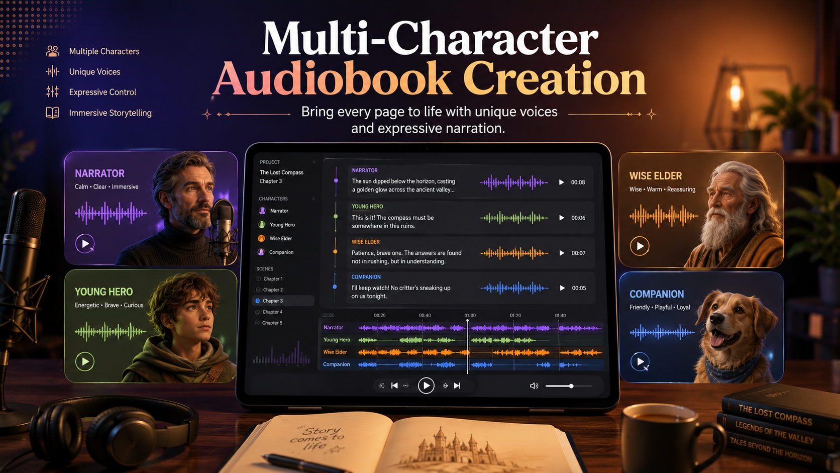 Multi-character audiobook creation interface showing narrator, young hero, wise elder, and companion characters with unique voices