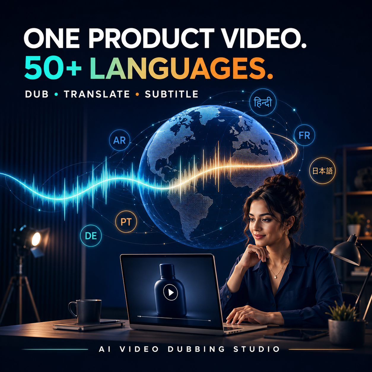 AI Video Dubbing Studio showing 50+ language support
