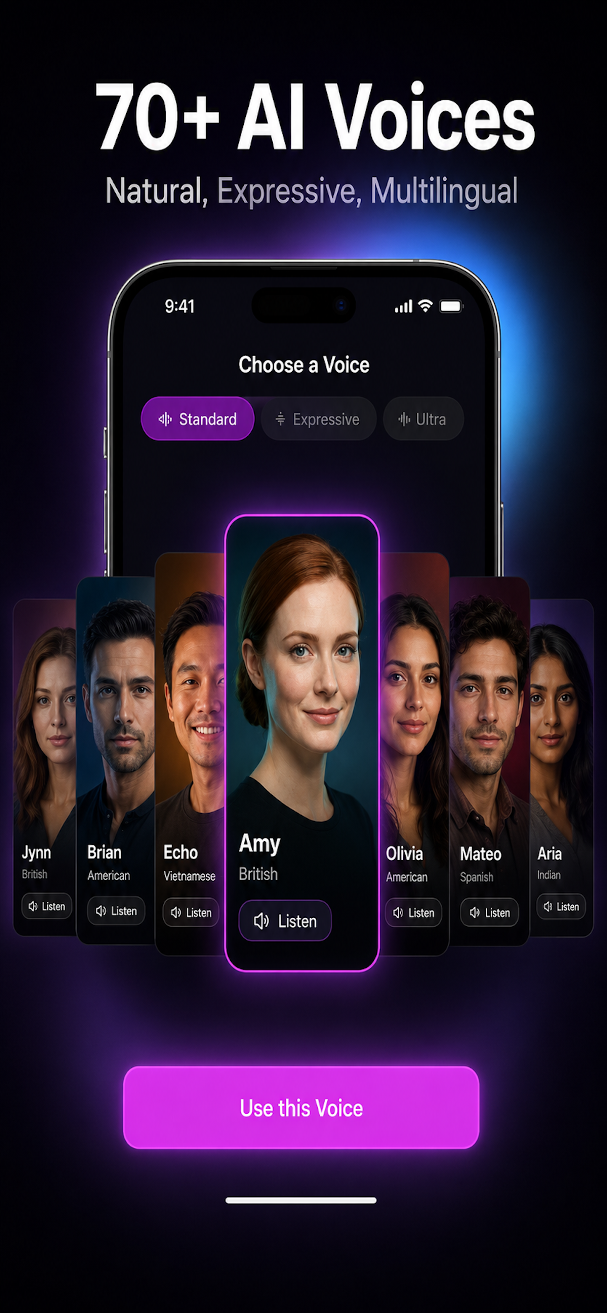 Voice Generator showcasing 70+ voice options