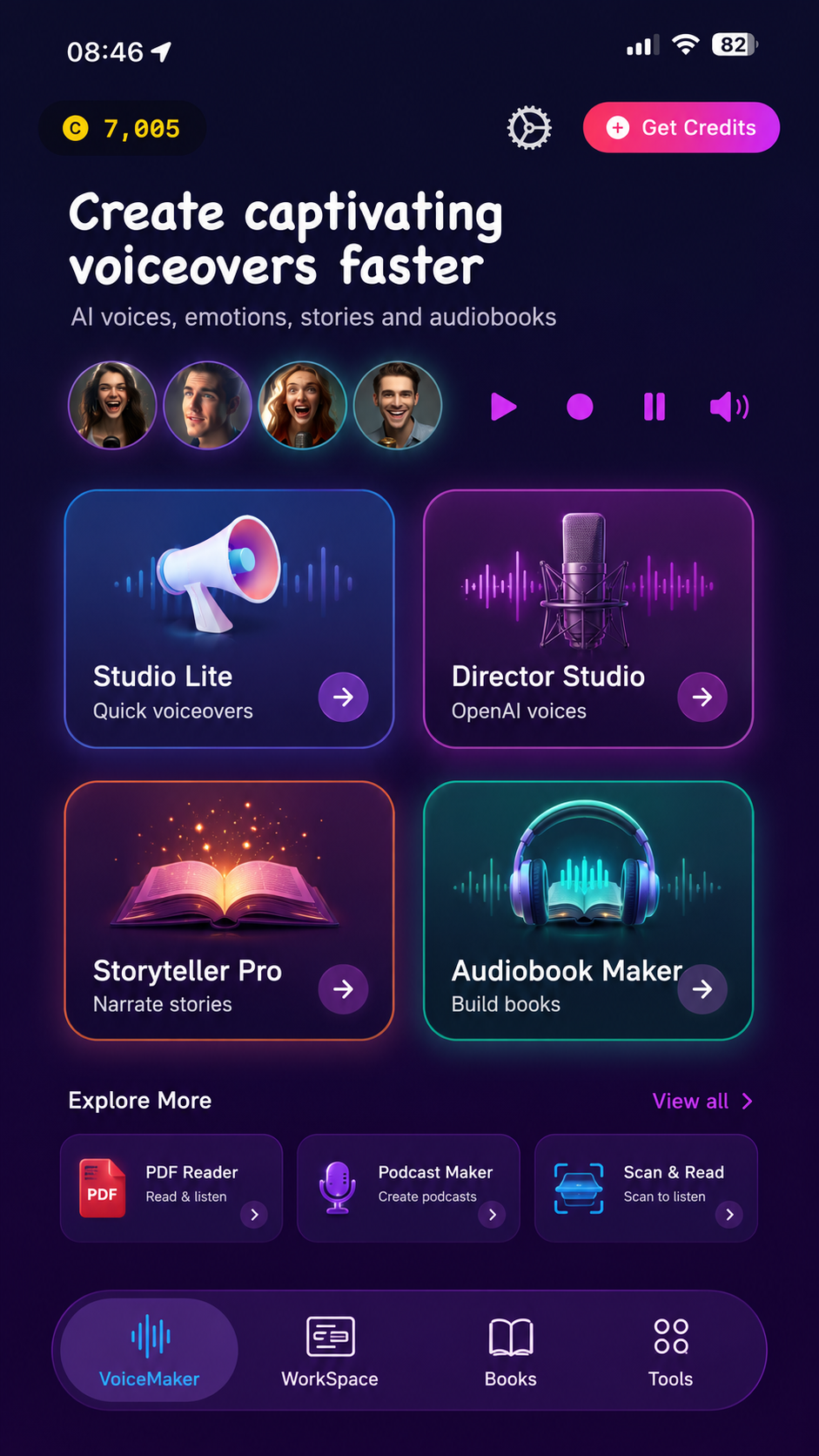 Voice Generator AI TTS app interface showing text to speech conversion
