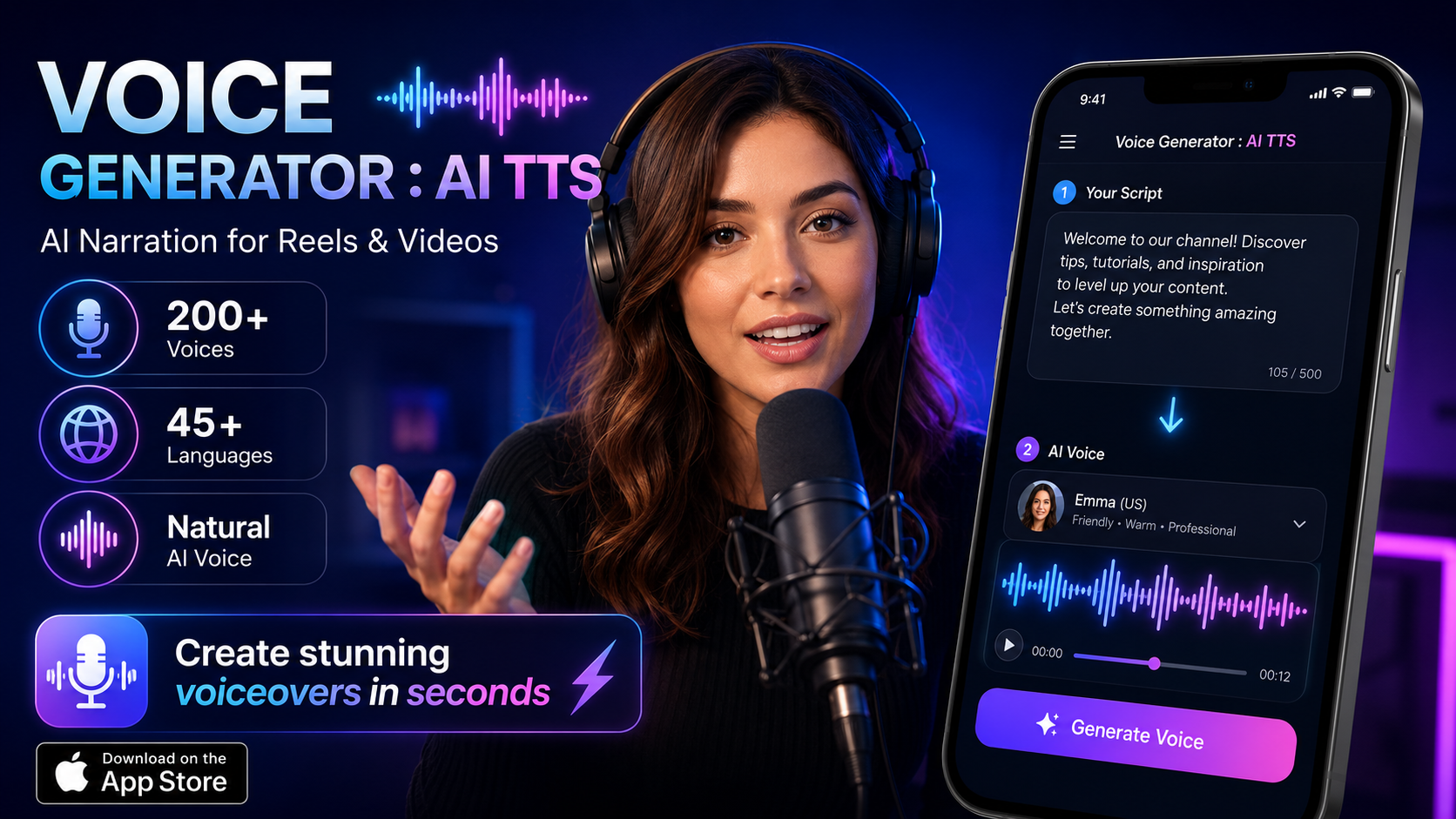 Voice Generator promo showing export and sharing features