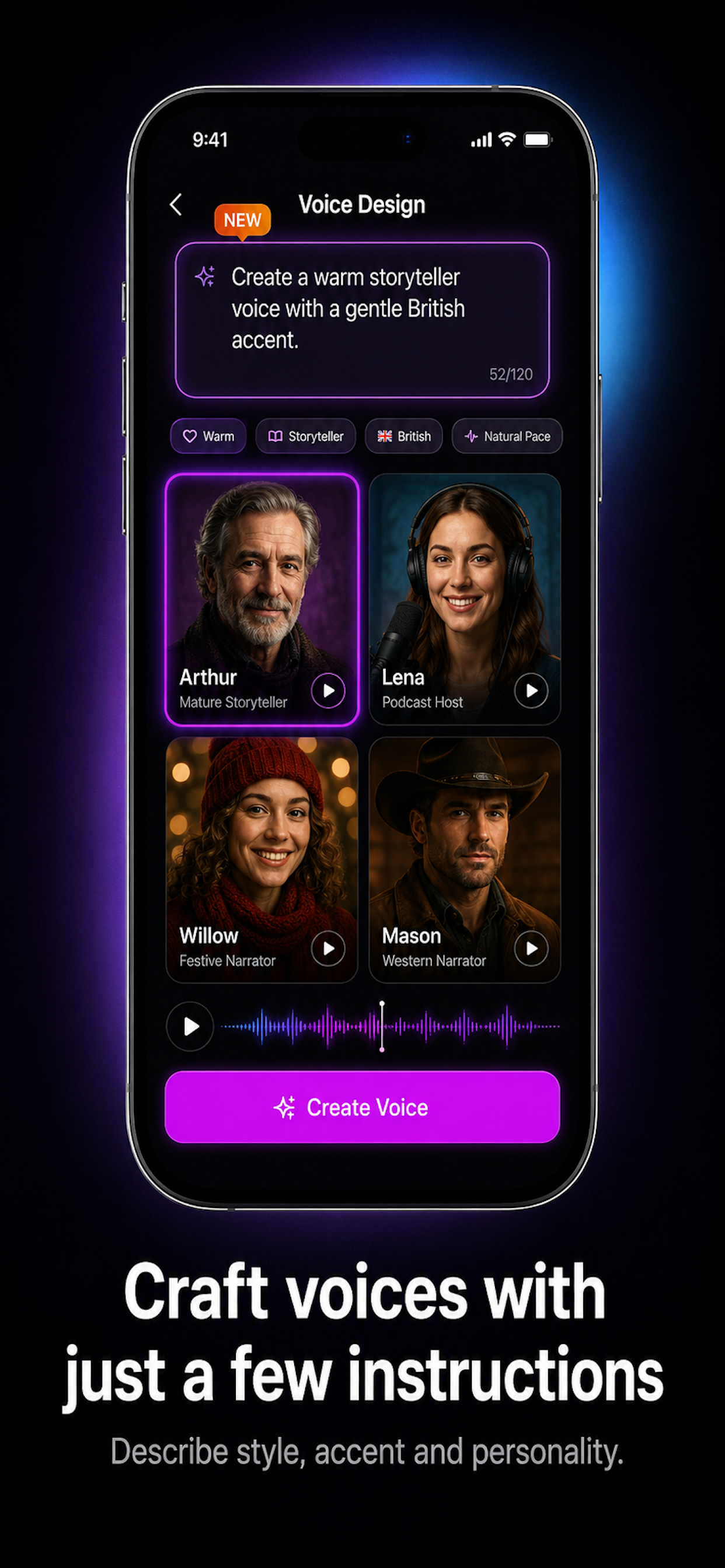Voice design controls for tone, speed and pitch