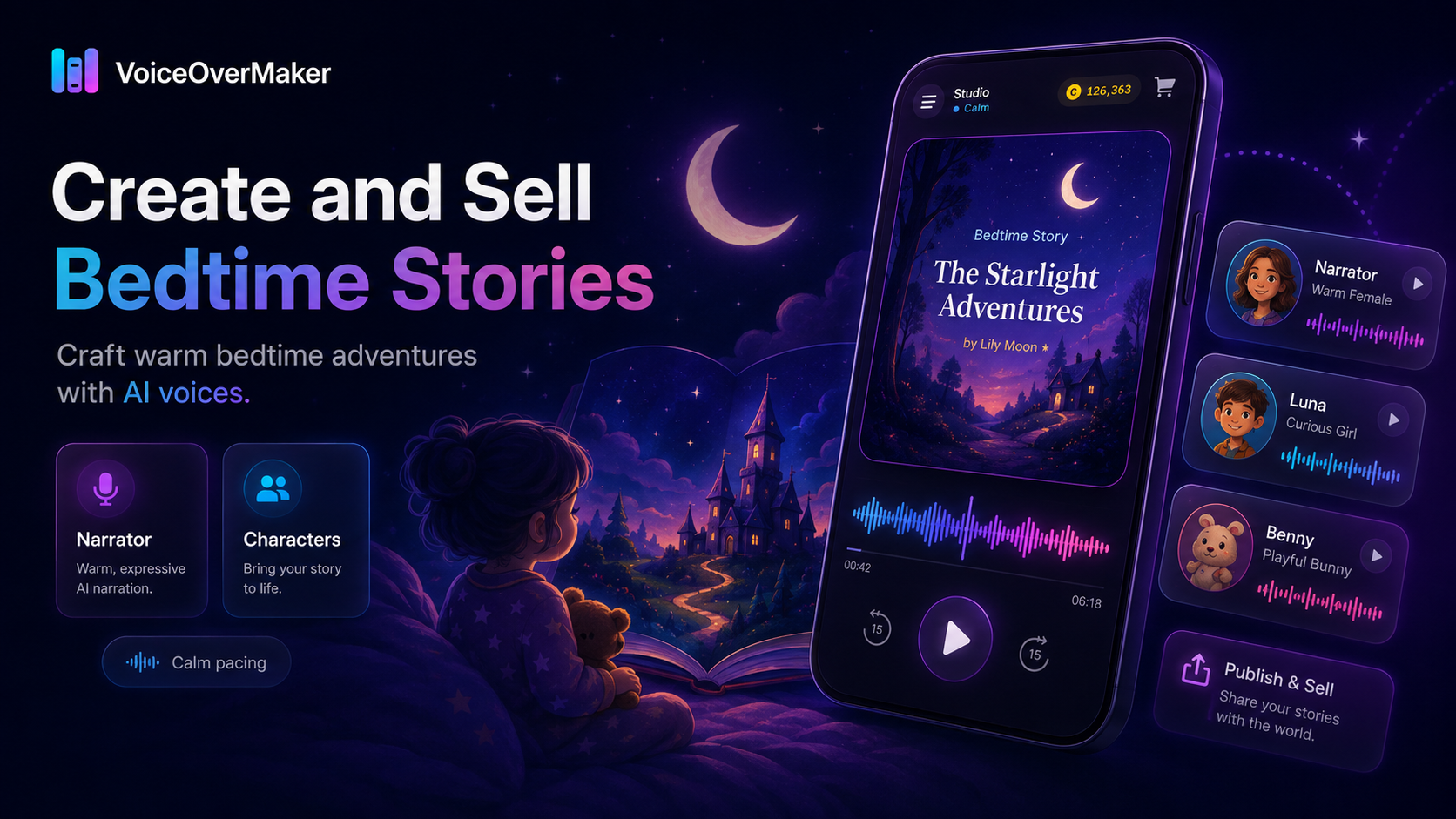 VoiceOverMaker app creating bedtime stories with warm AI character voices and calm narration