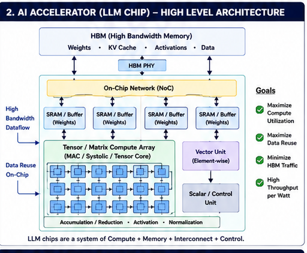 AI accelerator high-level architecture showing HBM, HBM PHY, NoC, SRAM buffers, tensor/matrix compute array, vector unit, and scalar control unit