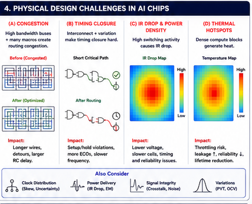 Four physical design challenges: congestion causing longer wires, timing closure with setup/hold violations, IR drop reducing local voltage, and thermal hotspots causing throttling