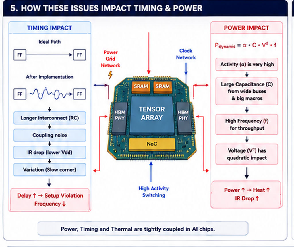Diagram showing how timing impact (longer interconnect, coupling noise, IR drop, variation leading to setup violations) and power impact (high activity, large capacitance, high frequency, voltage quadratic effect) are tightly coupled in AI chips