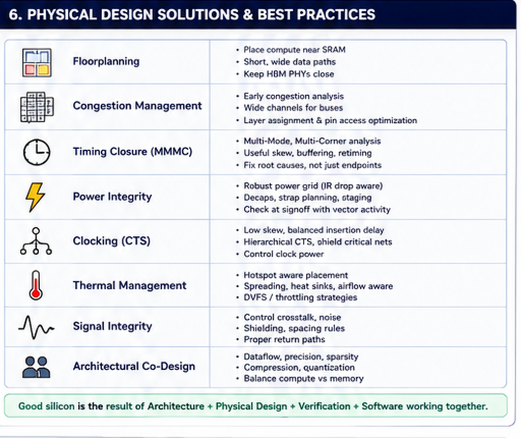 Physical design solutions table covering floorplanning, congestion management, timing closure MMMC, power integrity, clocking CTS, thermal management, signal integrity, and architectural co-design