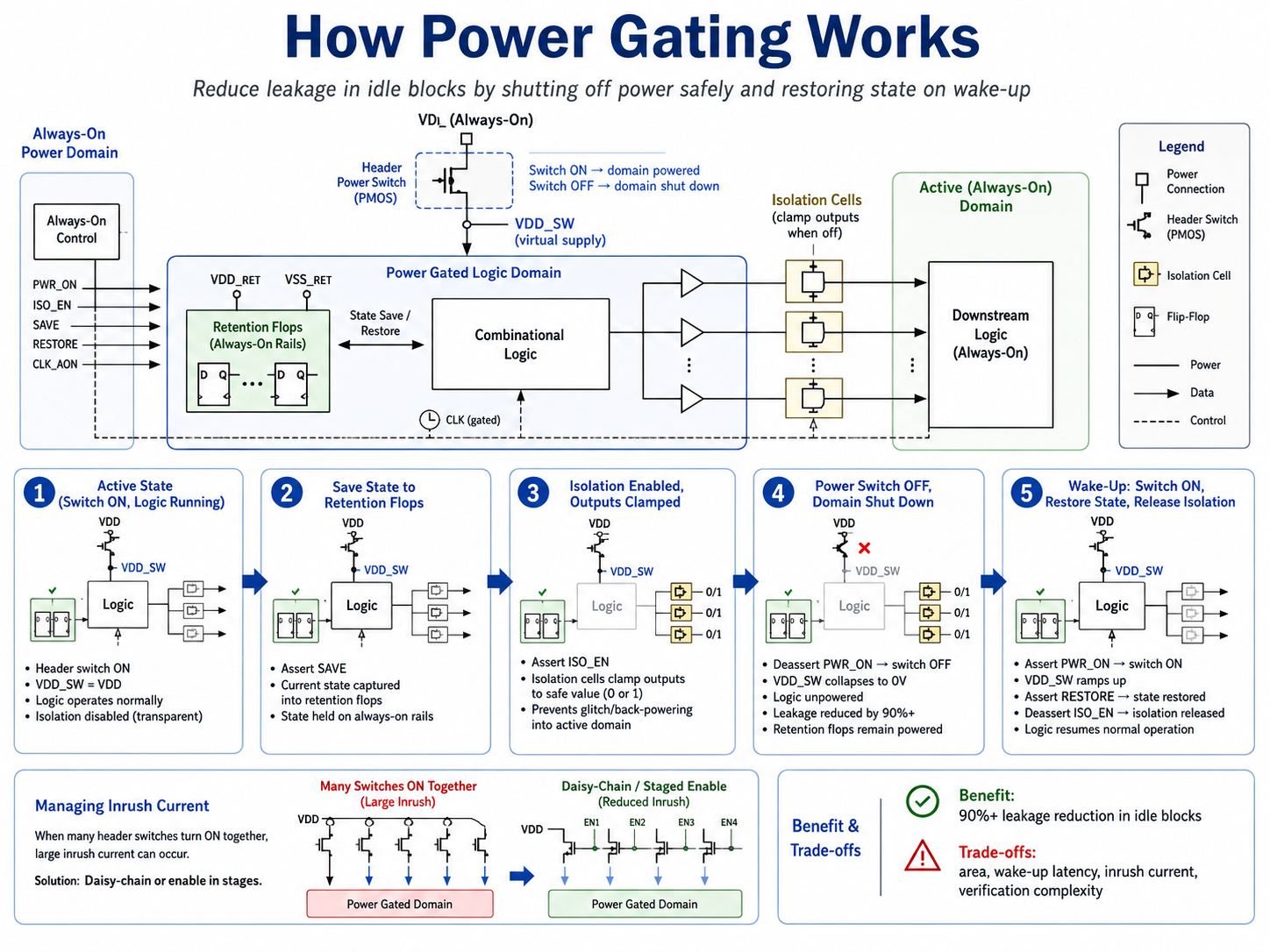 How Power Gating Works — reduce leakage in idle blocks by shutting off power safely and restoring state on wake-up, showing active state, save, isolation, shutdown, and wakeup sequence