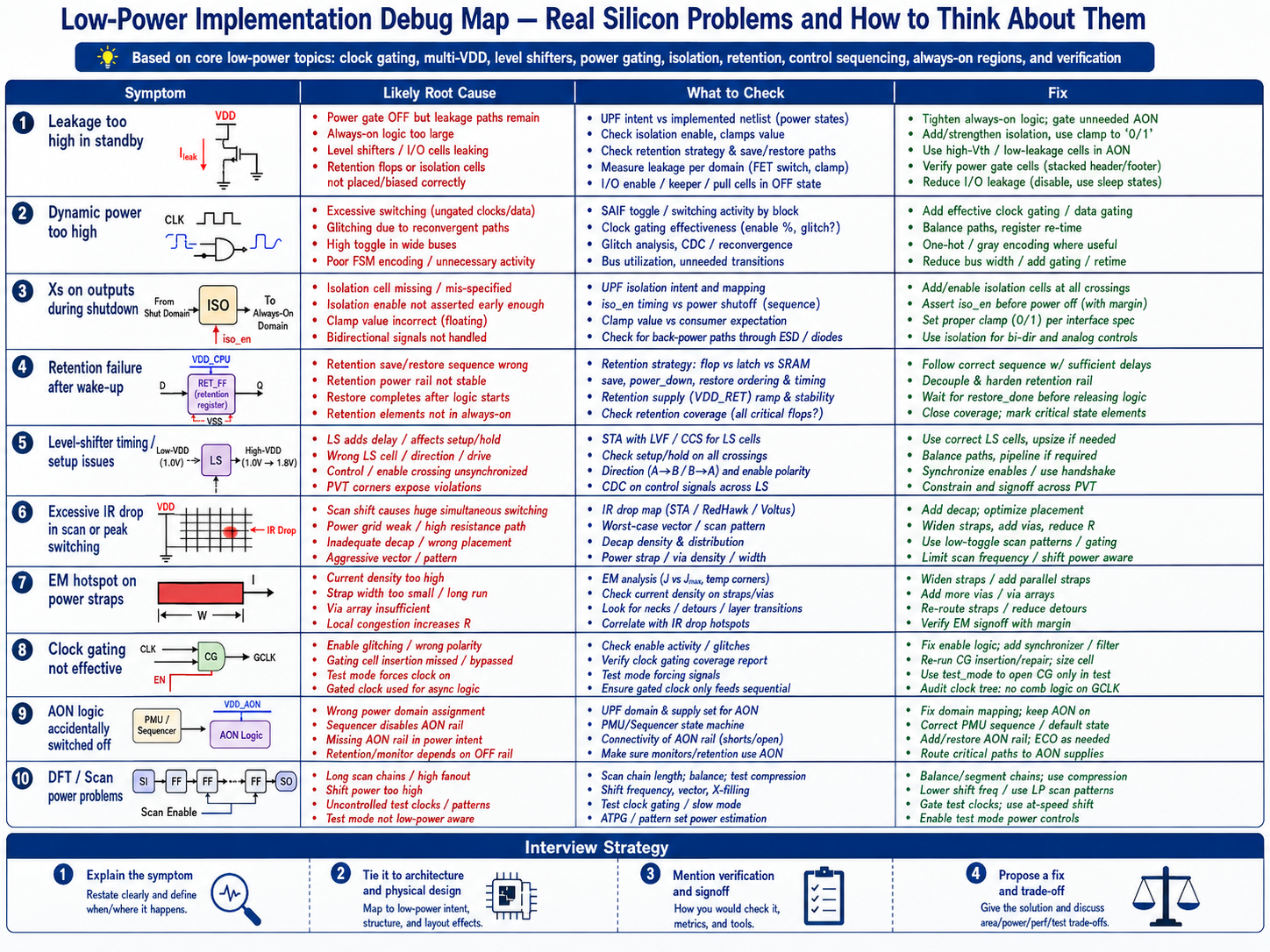 Low-Power Implementation Debug Map — real silicon problems and how to think about them, covering leakage, dynamic power, X propagation, retention failure, level-shifter timing, IR drop, EM hotspots, clock gating, AON logic, and DFT power issues