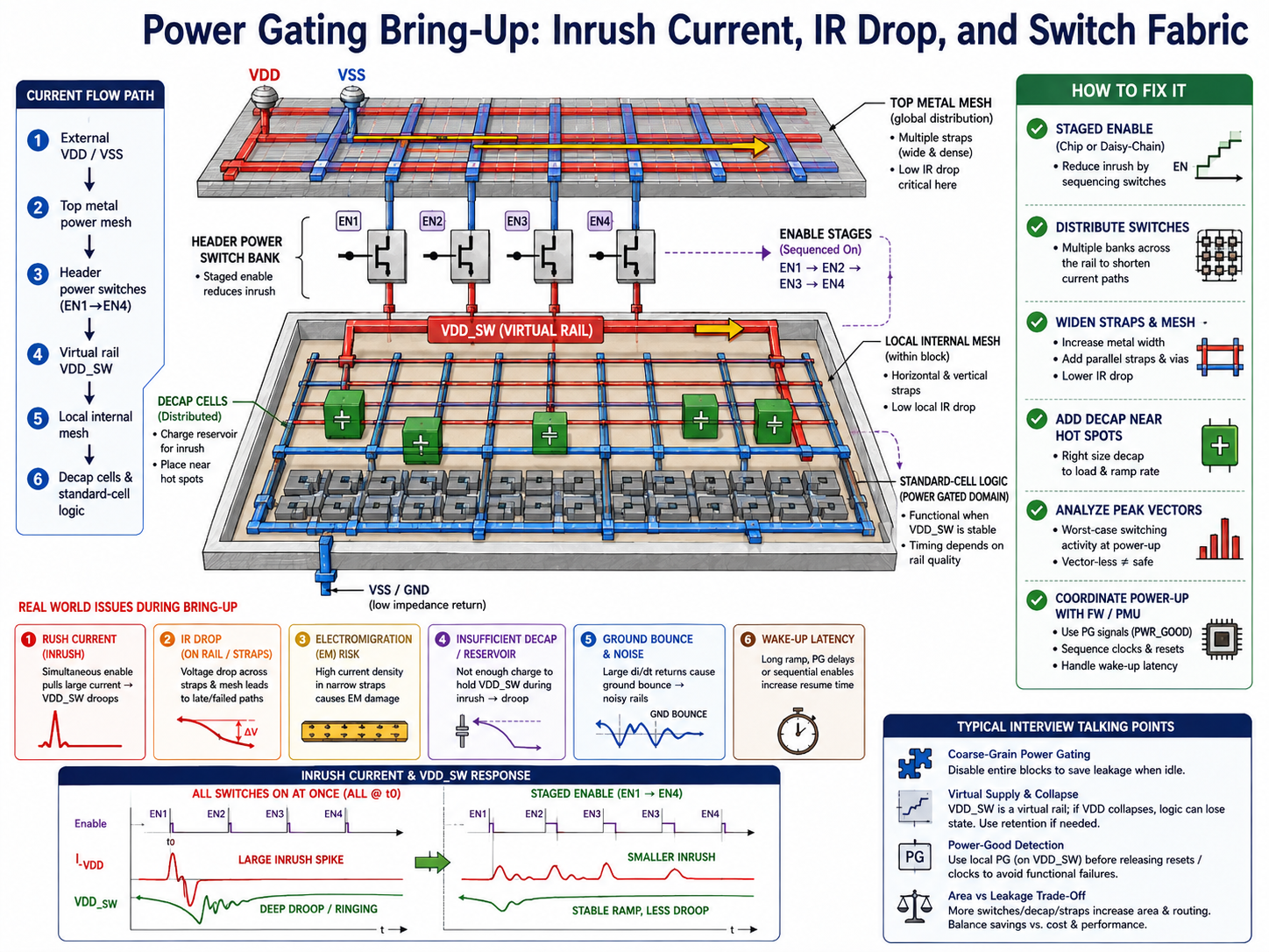 Power Gating Bring-Up: Inrush Current, IR Drop, and Switch Fabric — showing current flow path, header switch bank with staged enable, real-world issues during bring-up, and VDD_SW response comparison