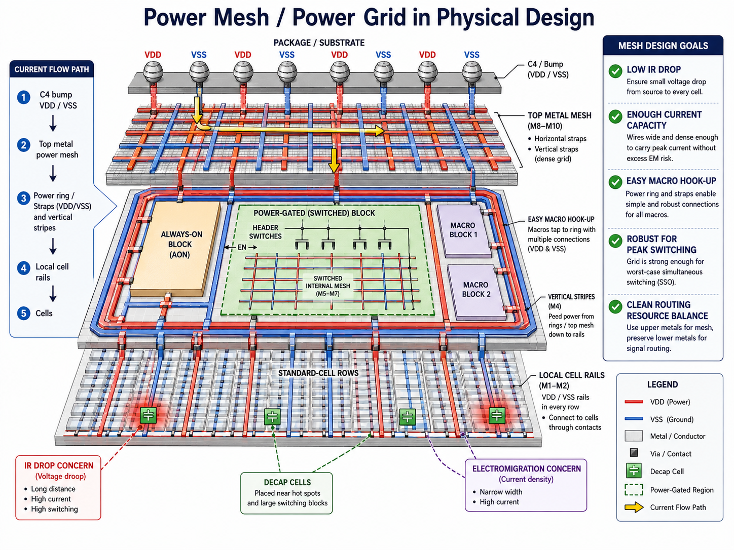 Power Mesh / Power Grid in Physical Design — showing current flow path from C4 bumps through top metal mesh, power rings, straps, to local cell rails, with IR drop and EM concerns
