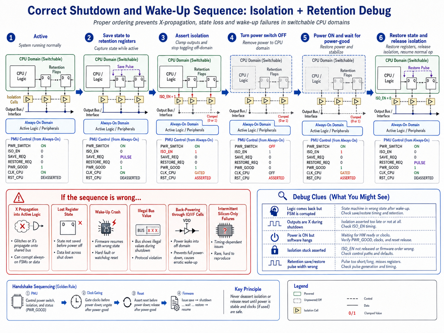 Correct Shutdown and Wake-Up Sequence — proper ordering prevents X-propagation, state loss and wake-up failures in switchable CPU domains