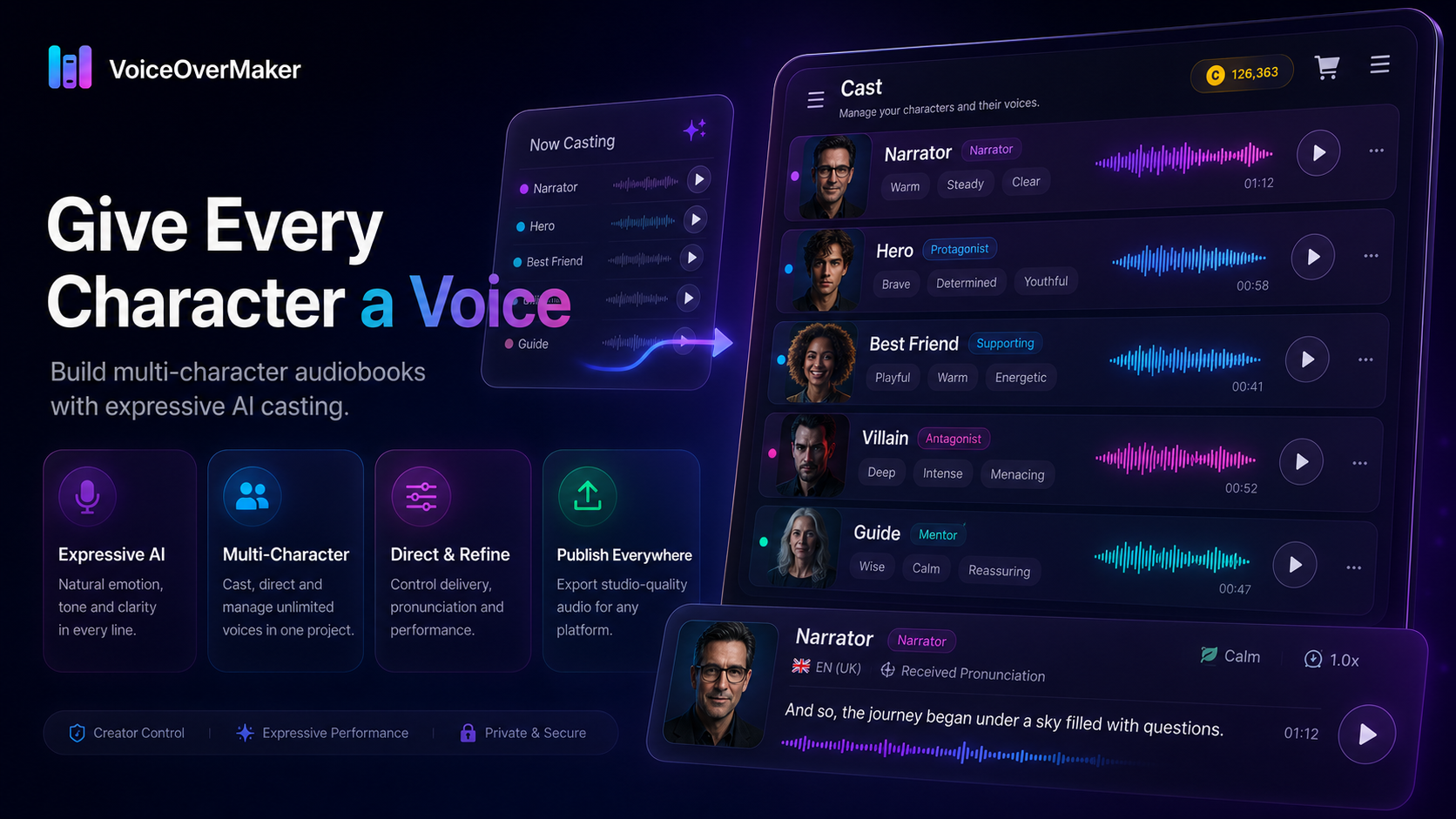 VoiceOverMaker showing multi-character audiobook casting with narrator, hero, villain and character voice cards