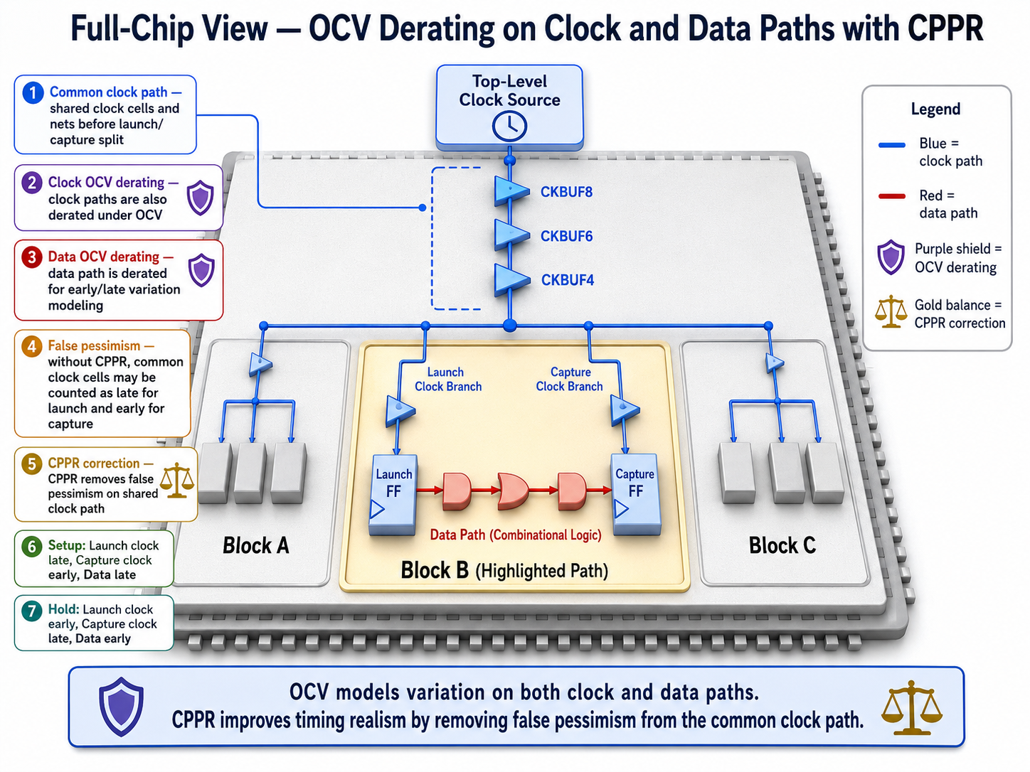 Full-chip view showing OCV derating on clock and data paths with CPPR correction — common clock path, launch/capture branches, and data path with derating indicators