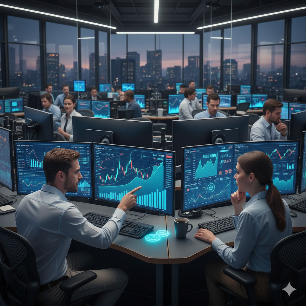 Financial analysts reviewing AI-generated dashboards