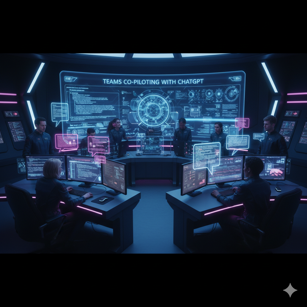 Teams collaborating with ChatGPT on neon consoles