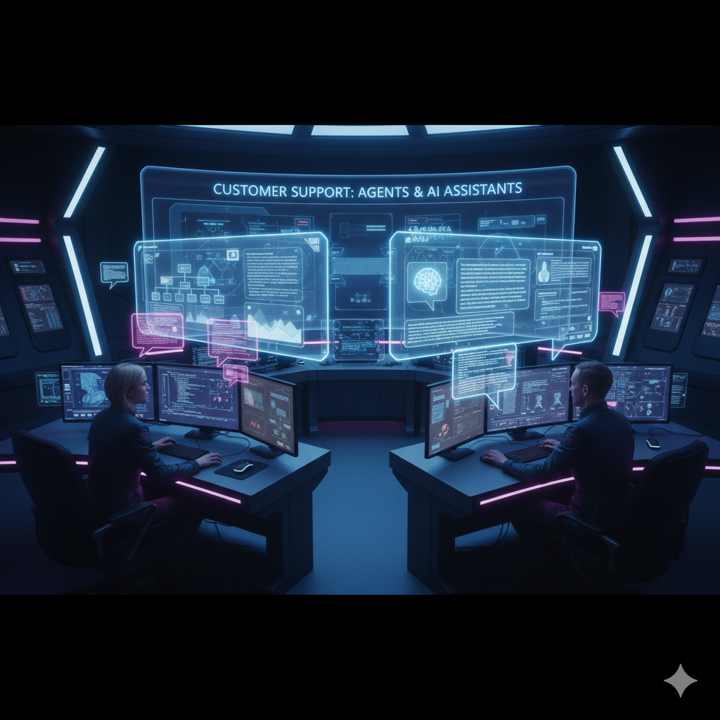 Customer support team collaborating with AI