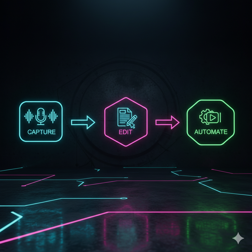 Workflow showing capture, edit, and automation of speech to text