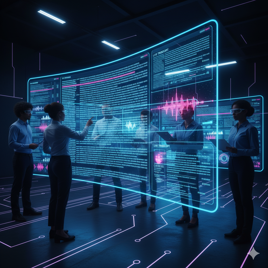 Journalists and teams reviewing AI transcription dashboard