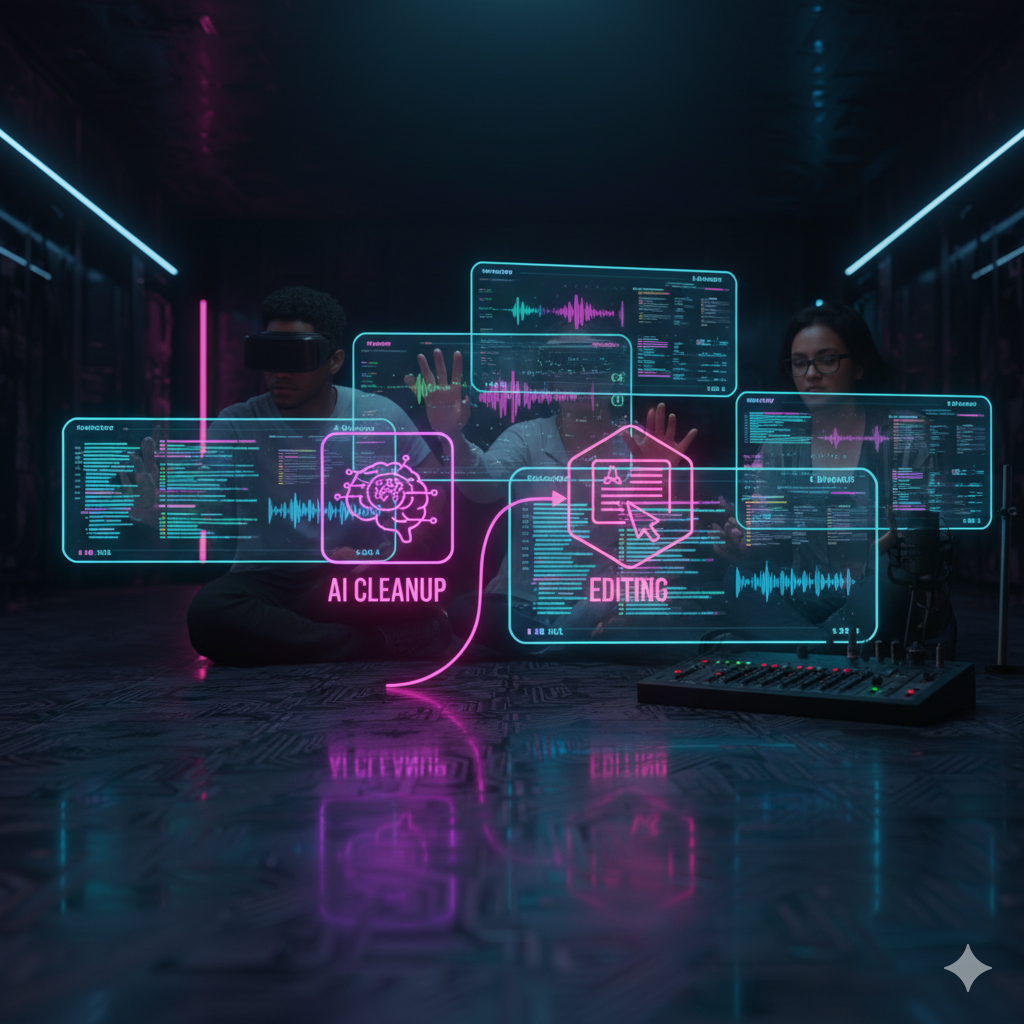 Journalists reviewing transcripts and highlights