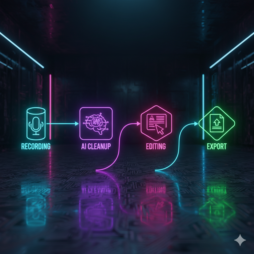 Workflow showing recording, editing, and exporting transcripts